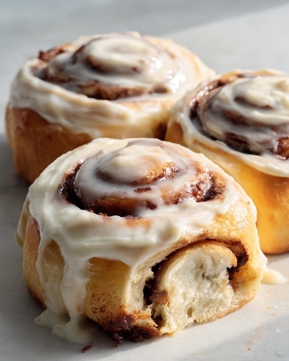 Three soft, frosted easy homemade cinnamon rolls, one of which has a bite taken out, showing the fluffy interior.