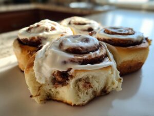Four fluffy easy homemade cinnamon rolls topped with thick white cream cheese frosting, one roll is partially eaten.