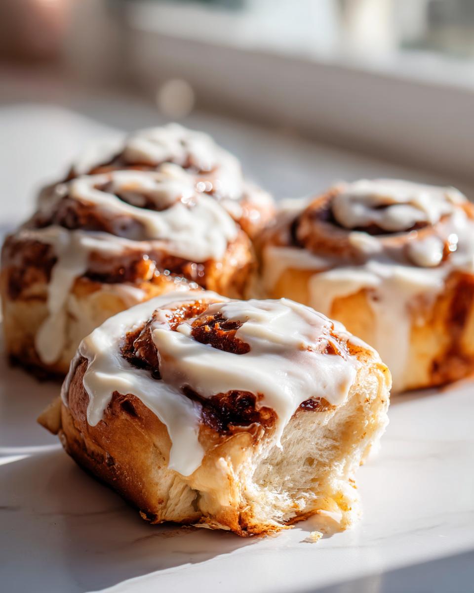 A close-up of three easy homemade cinnamon rolls, one of which has a bite taken out, covered in thick white icing.