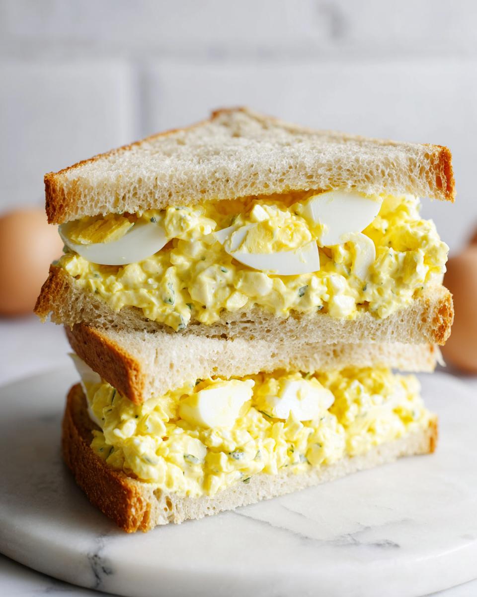 Two halves of a classic egg salad sandwich stacked on a white marble surface.