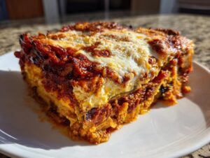 A close-up, sunlit slice of rich, layered eggplant parmesan with melted cheese topping on a white plate.