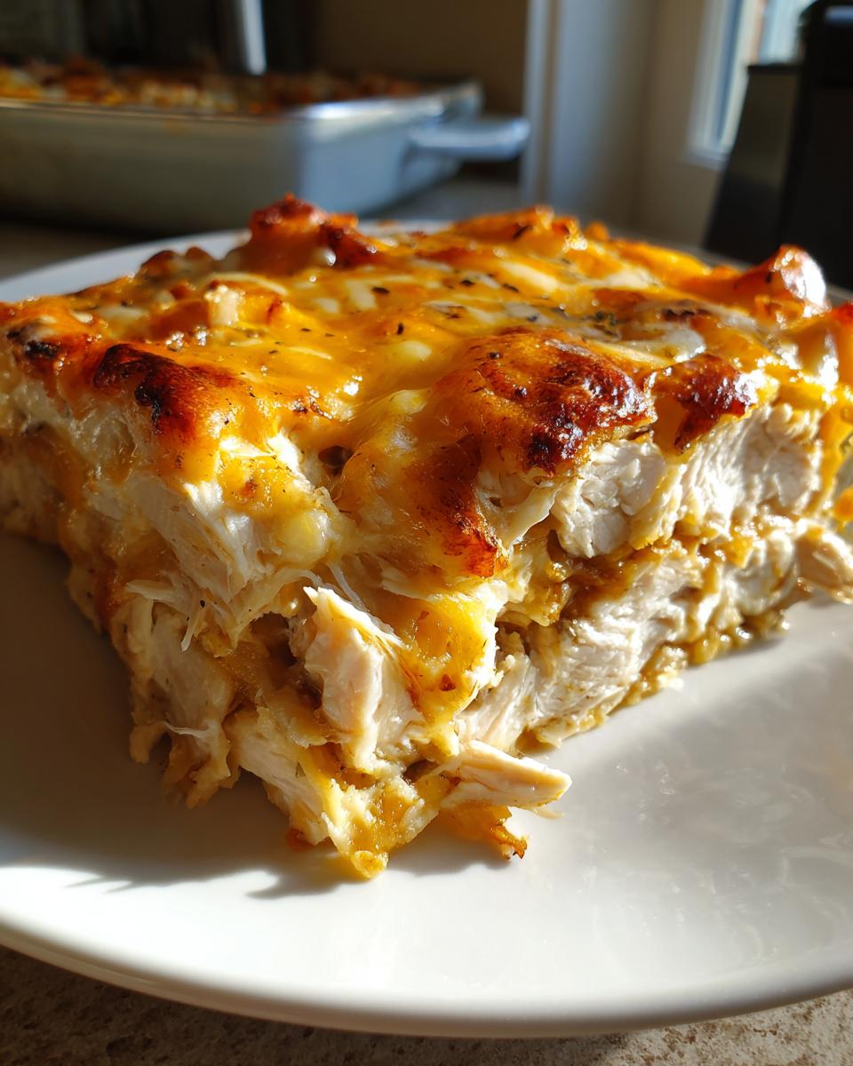 Close-up of a hearty slice of fajita chicken casserole showing layers of shredded chicken and melted, browned cheese topping.