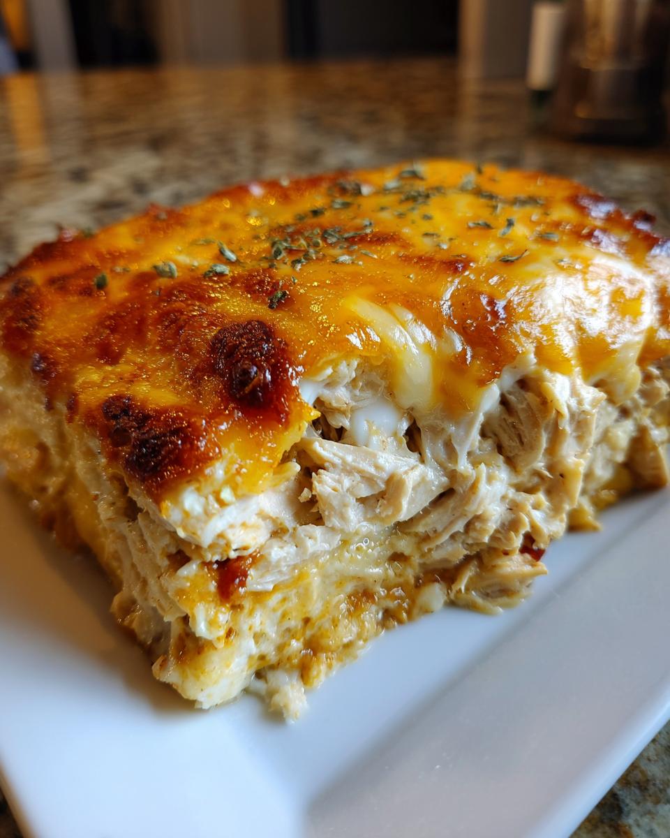 Close-up of a serving of fajita chicken casserole, showing shredded chicken filling and a bubbly, browned cheese topping sprinkled with herbs.