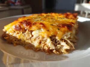 A close-up, sunlit slice of fajita chicken casserole showing shredded chicken filling and a thick, bubbly, golden-brown cheese topping.