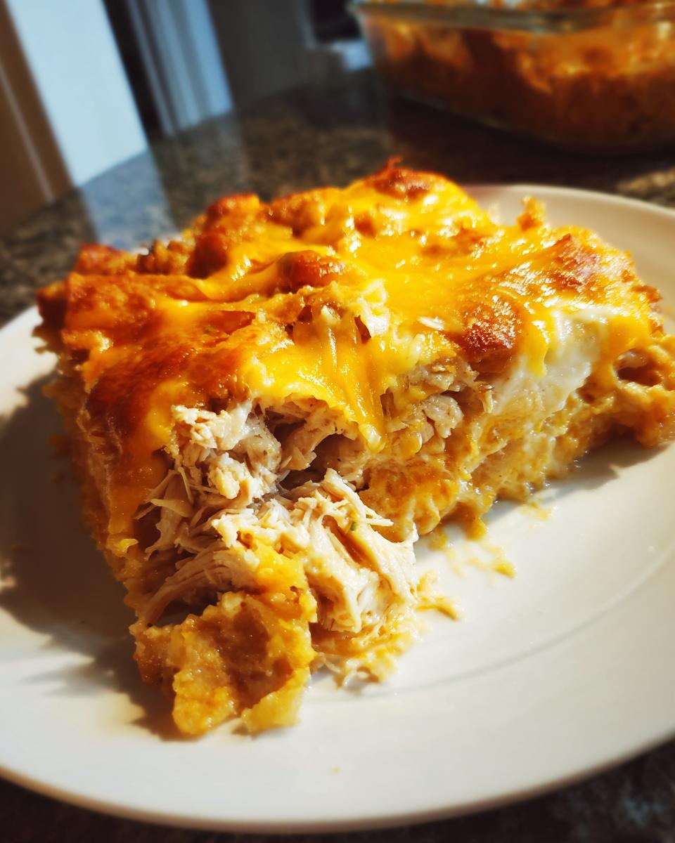A close-up of a serving of fajita chicken casserole showing shredded chicken and melted cheddar cheese.