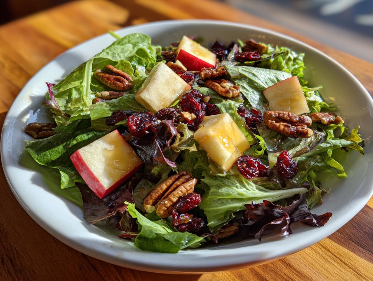Close-up of a vibrant apple salad featuring mixed greens, chunks of red-skinned apple, pecans, and dried cranberries.