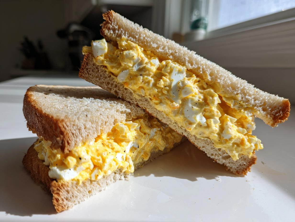A close-up of a delicious egg salad sandwich, cut in half diagonally, showing creamy yellow filling on whole wheat bread.