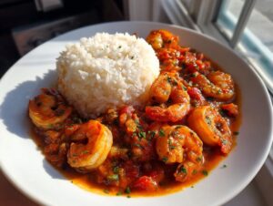 A vibrant plate of shrimp creole served next to a mound of fluffy white rice, beautifully lit by sunlight.