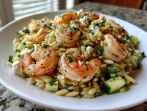 Close-up of a bright shrimp orzo salad featuring large seasoned shrimp, diced cucumber, and crumbled feta cheese.