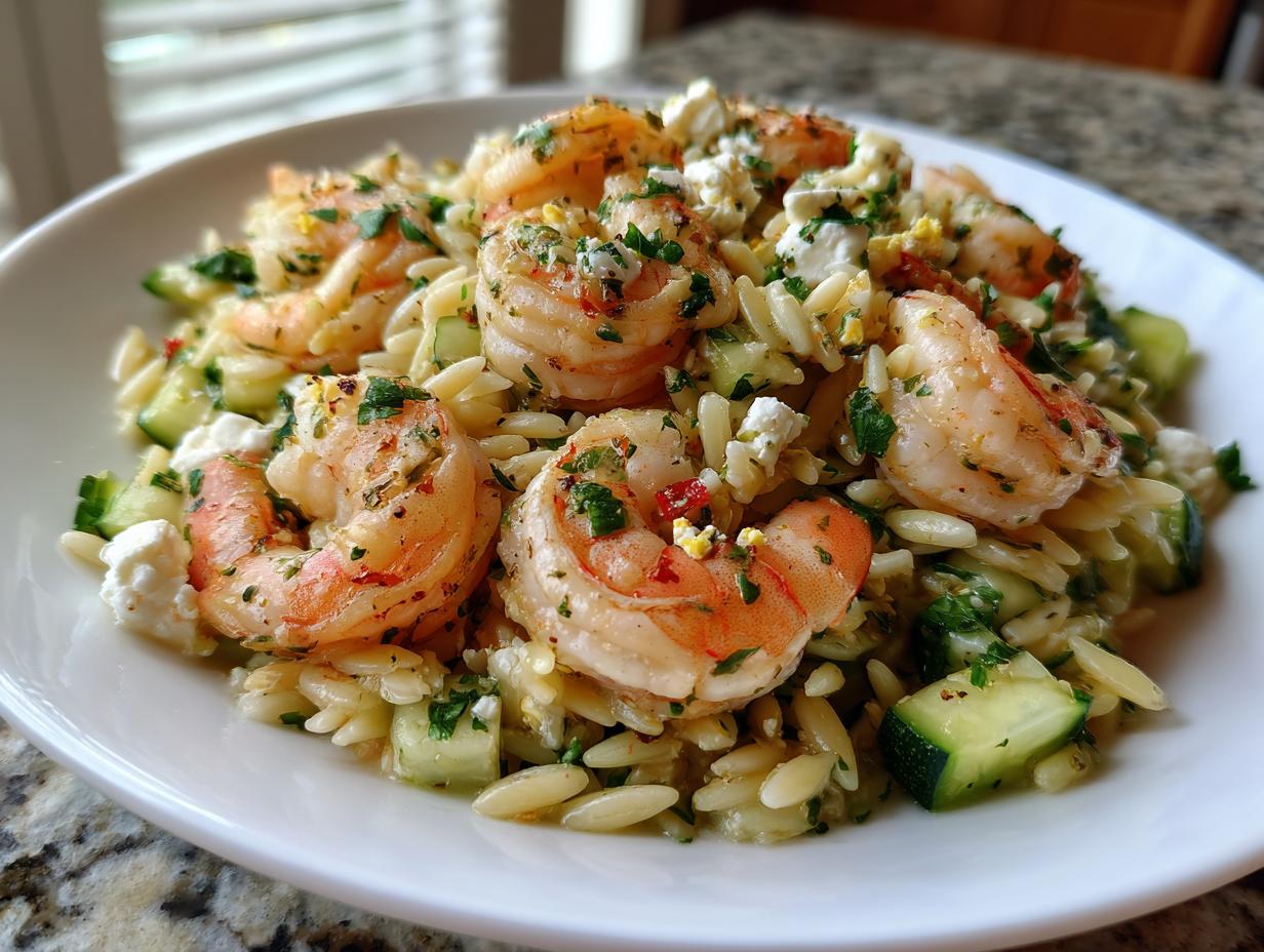 Close-up of a bright shrimp orzo salad featuring large seasoned shrimp, diced cucumber, and crumbled feta cheese.