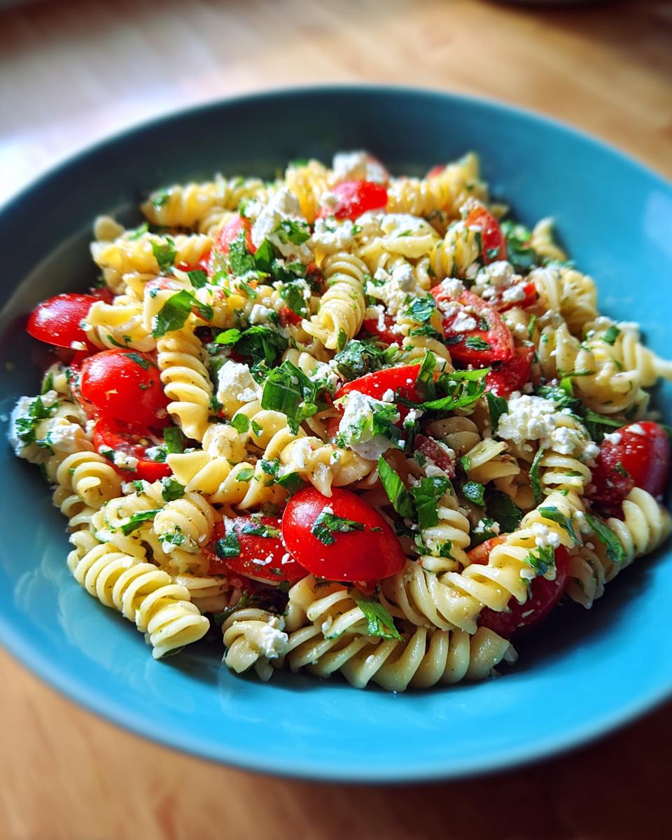 Close-up of a vibrant feta mediterranean pasta salad featuring fusilli pasta, halved cherry tomatoes, and crumbled feta cheese.