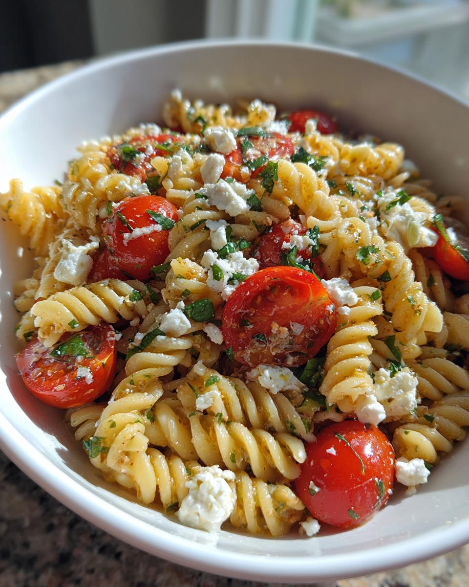 A close-up of a white bowl filled with feta mediterranean pasta salad featuring rotini pasta, halved cherry tomatoes, and crumbled feta cheese.