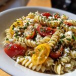 A close-up of fresh feta mediterranean pasta salad featuring fusilli pasta, halved cherry tomatoes, and crumbled feta cheese.