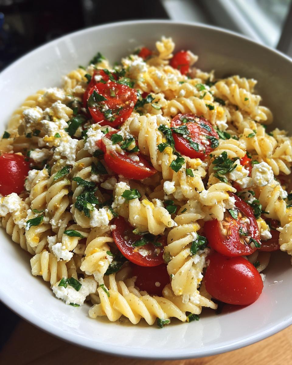 A close-up view of a white bowl filled with feta mediterranean pasta salad featuring fusilli pasta, halved cherry tomatoes, and crumbled feta cheese.