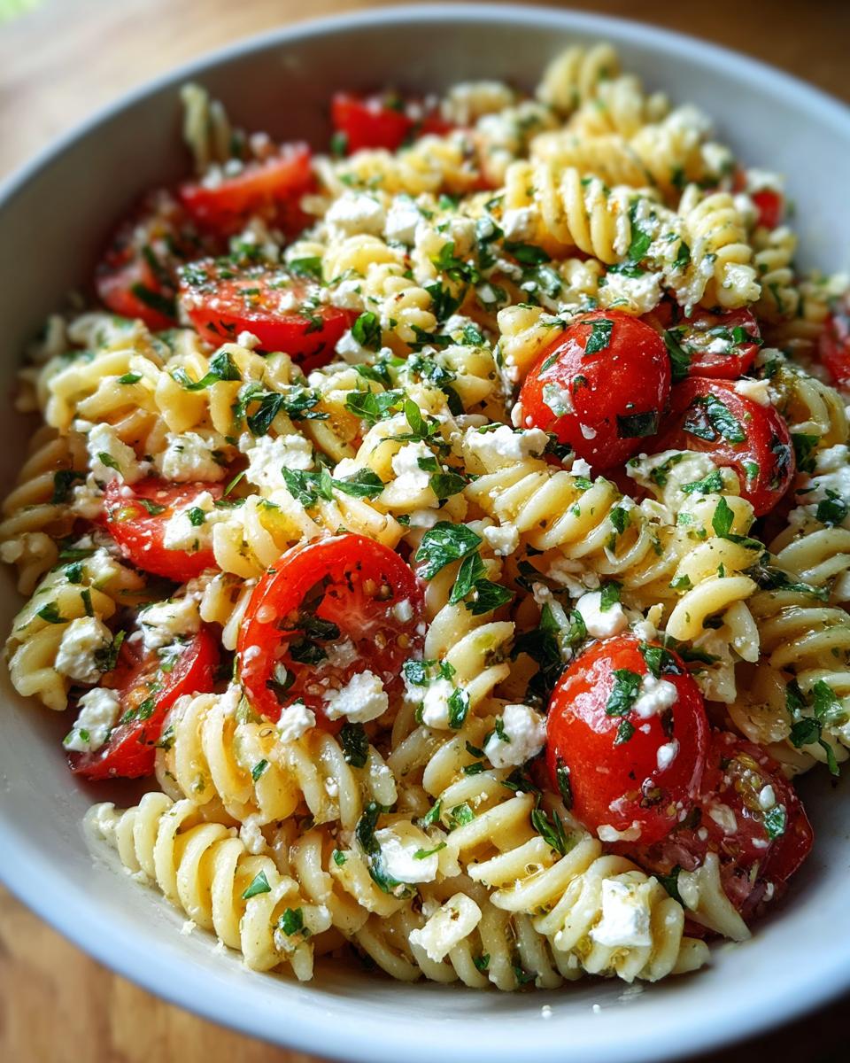 Close-up of a bowl filled with feta mediterranean pasta salad featuring fusilli pasta, halved cherry tomatoes, crumbled feta, and fresh parsley.