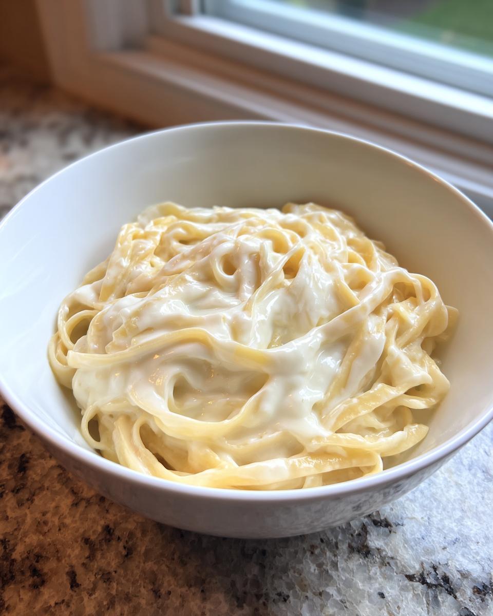 A white bowl filled with fettuccine pasta generously coated in creamy Olive Garden Alfredo sauce.