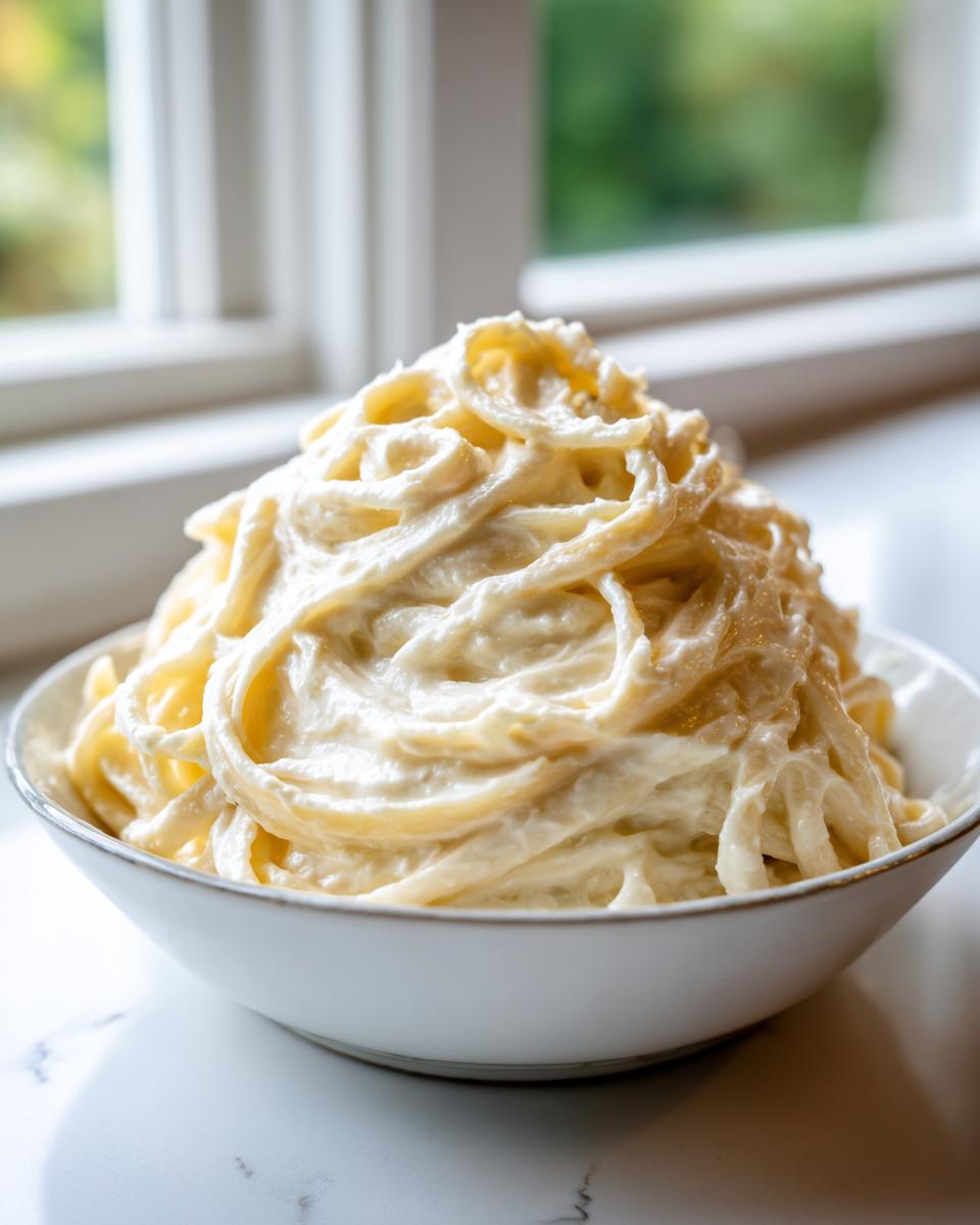 A generous serving of fettuccine pasta completely coated in rich, creamy Olive Garden Alfredo sauce in a white bowl.