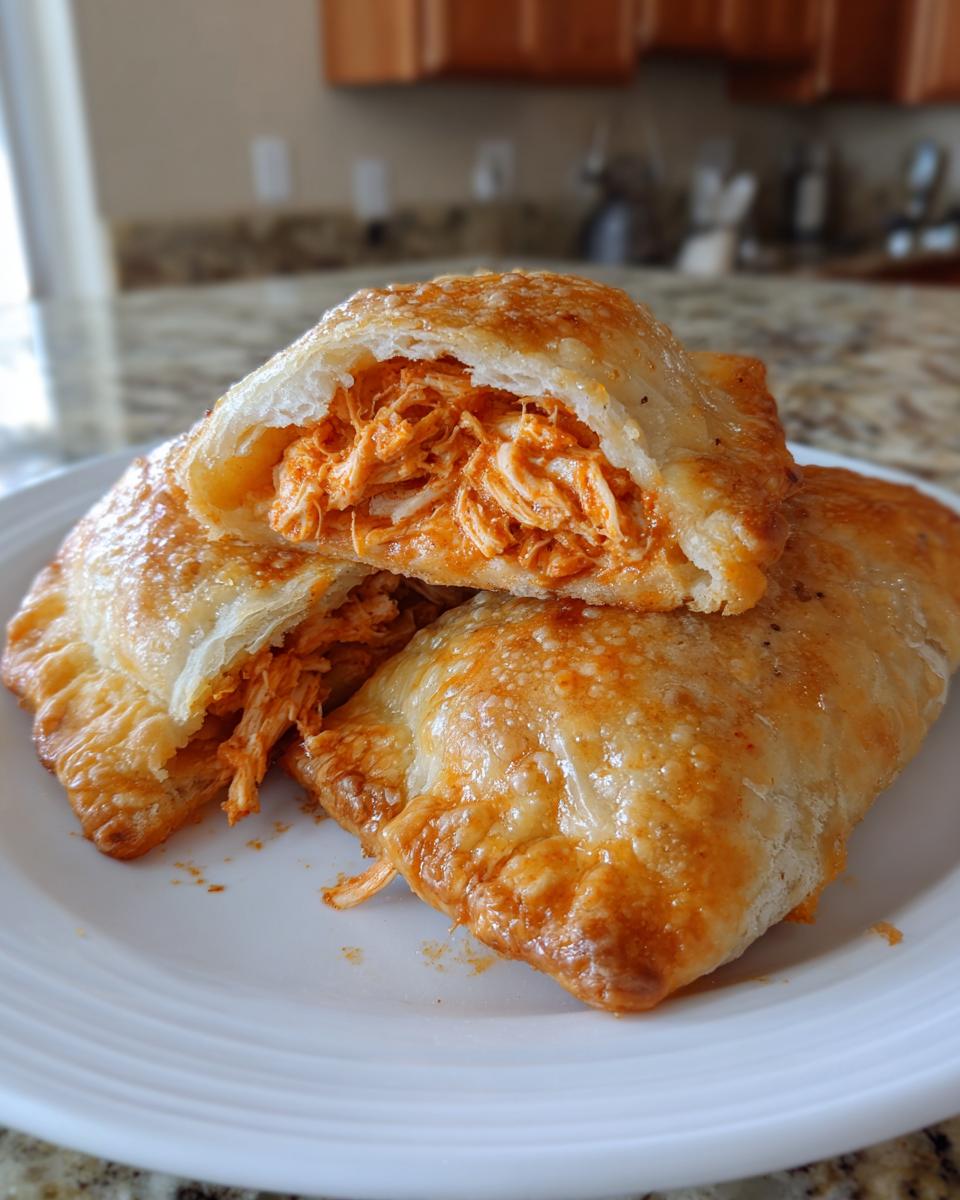 Close-up of flaky, golden-brown buffalo chicken pockets, one cut open to show the spicy shredded chicken filling.