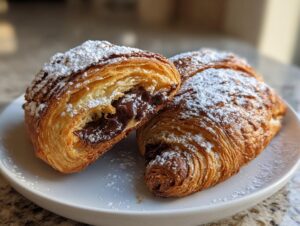 Two flaky, golden-brown chocolate croissant halves dusted with powdered sugar, showing melted chocolate filling.