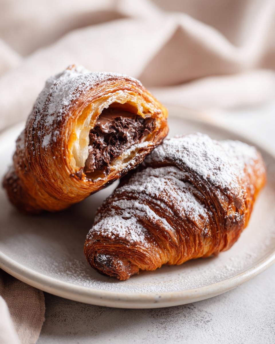 Two halves of a flaky chocolate croissant dusted with powdered sugar, showing the rich melted chocolate filling.