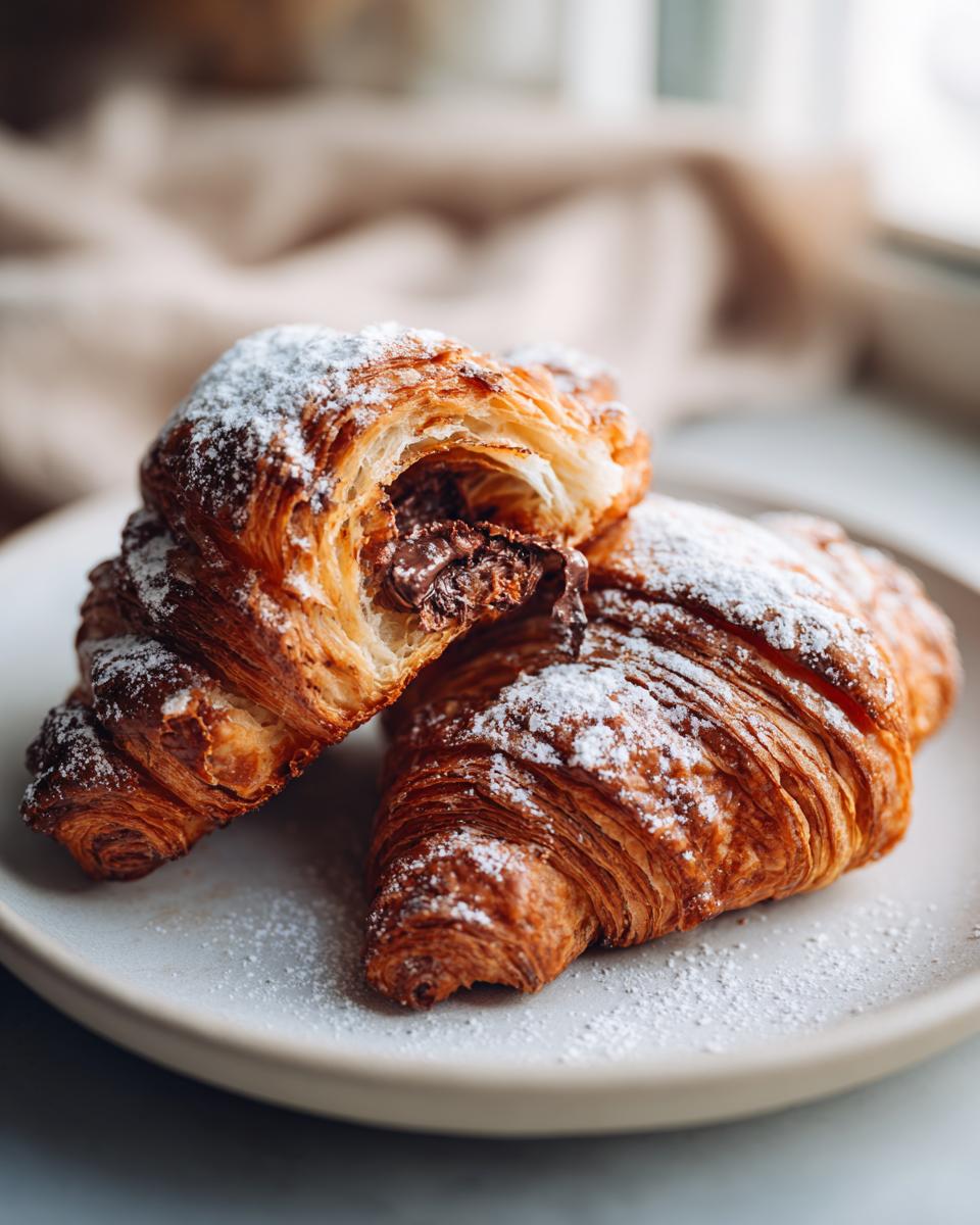 Two flaky, golden brown chocolate croissant halves dusted with powdered sugar, showing melted chocolate filling.