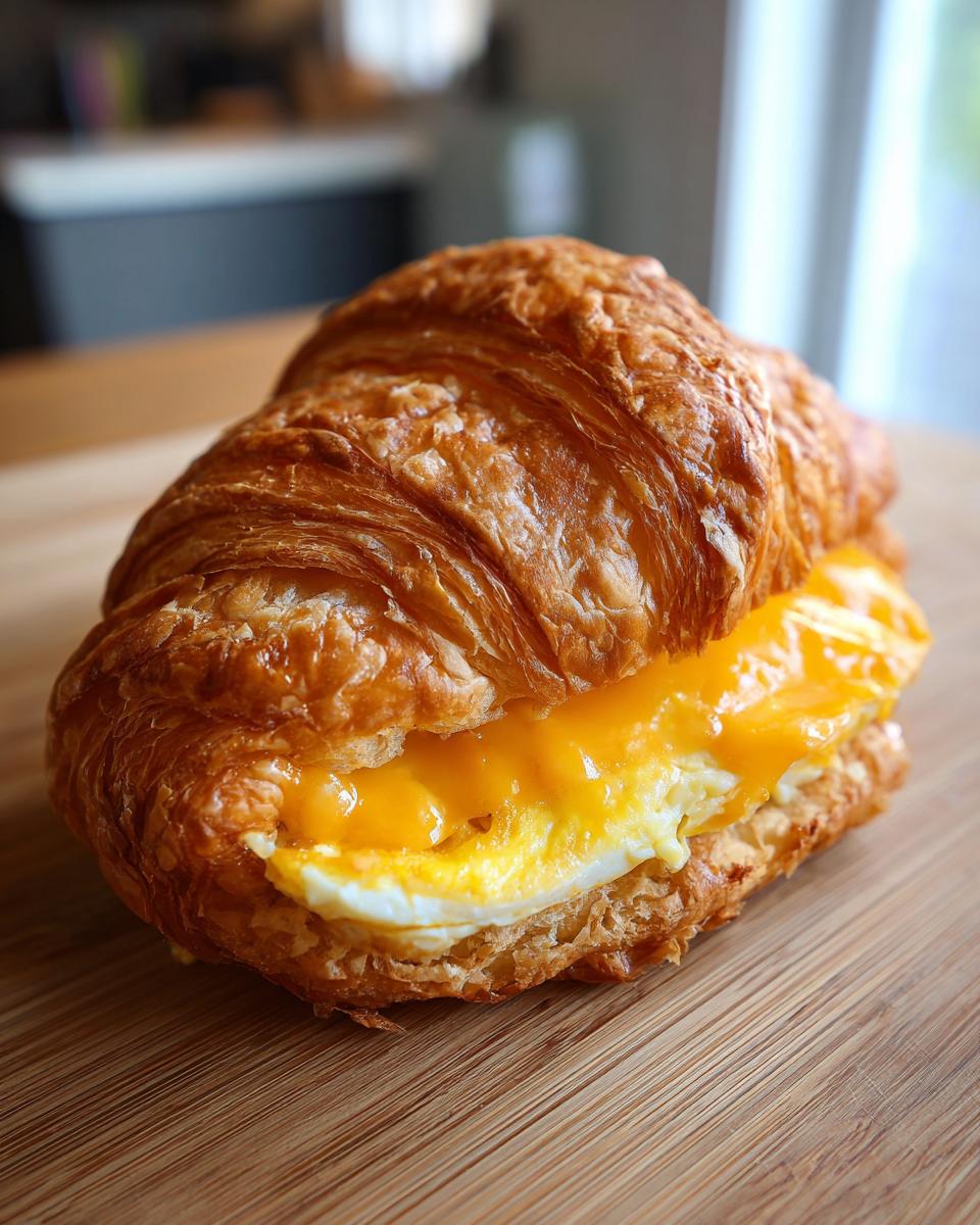 Close-up of a golden, flaky croissant breakfast sandwiches filled with scrambled egg and melted cheddar cheese.