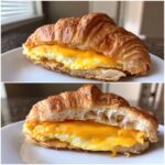 A close-up of a delicious croissant breakfast sandwiches filled with fluffy scrambled egg and melted cheddar cheese.