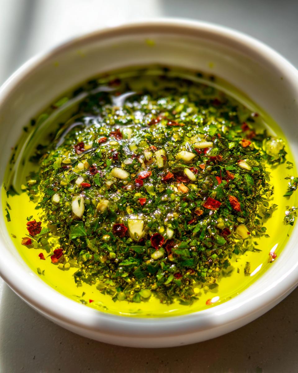 Close-up of a vibrant olive oil bread dip featuring chopped green herbs, garlic, and red chili flakes in bright yellow olive oil.