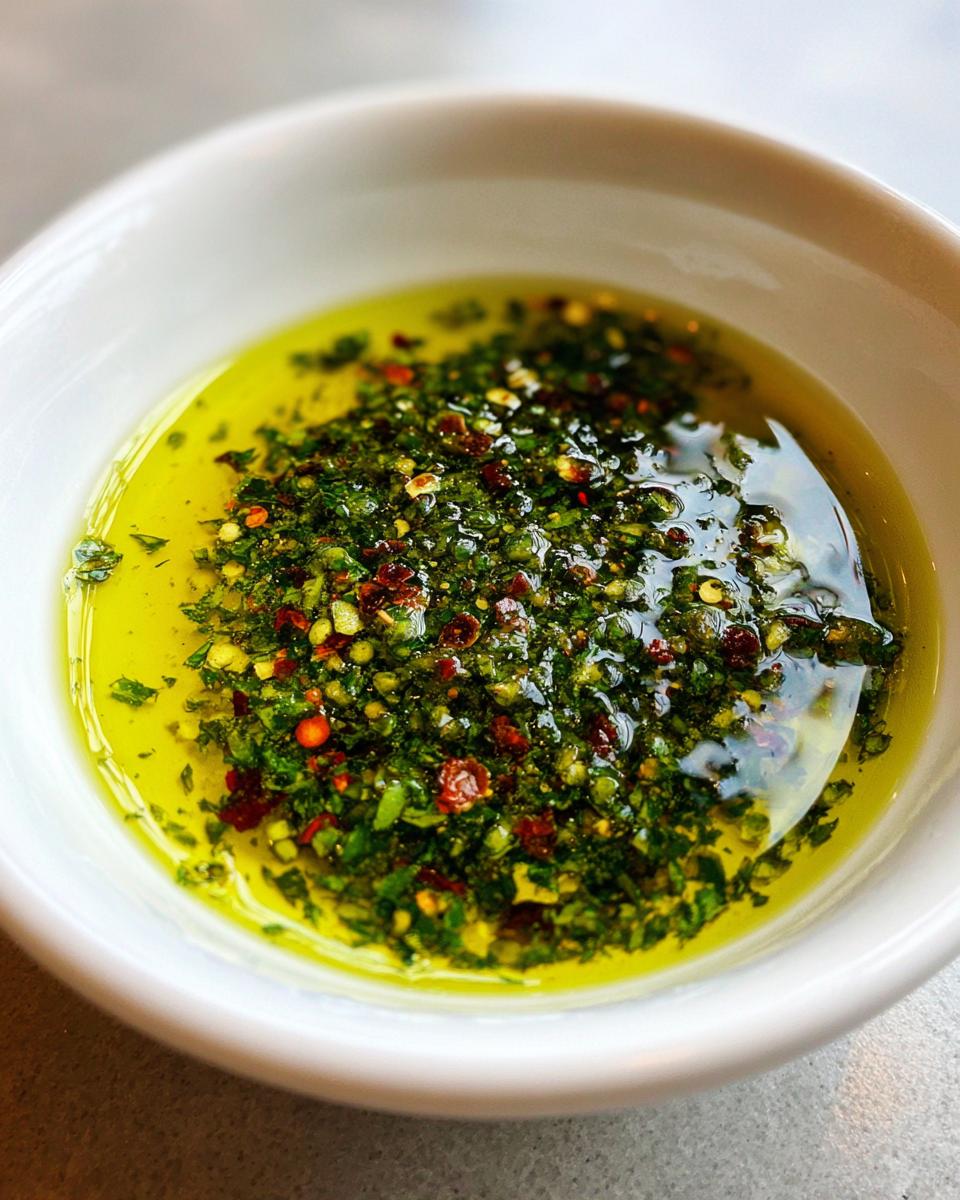Close-up of a white bowl containing flavorful olive oil bread dip with visible green herbs and red pepper flakes.