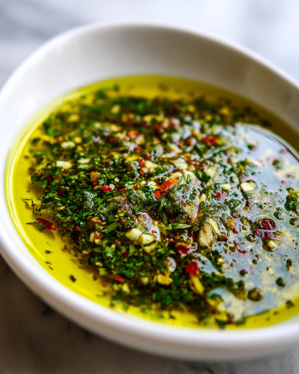 Close-up of a vibrant olive oil bread dip featuring chopped green herbs, garlic, and red chili flakes.