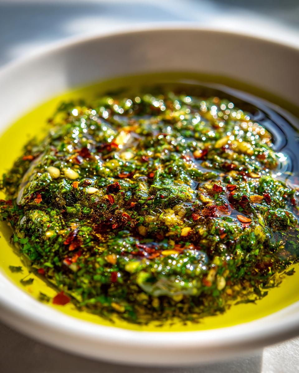 Close-up of a vibrant green olive oil bread dip mixture with herbs, spices, and chili flakes floating in golden olive oil.