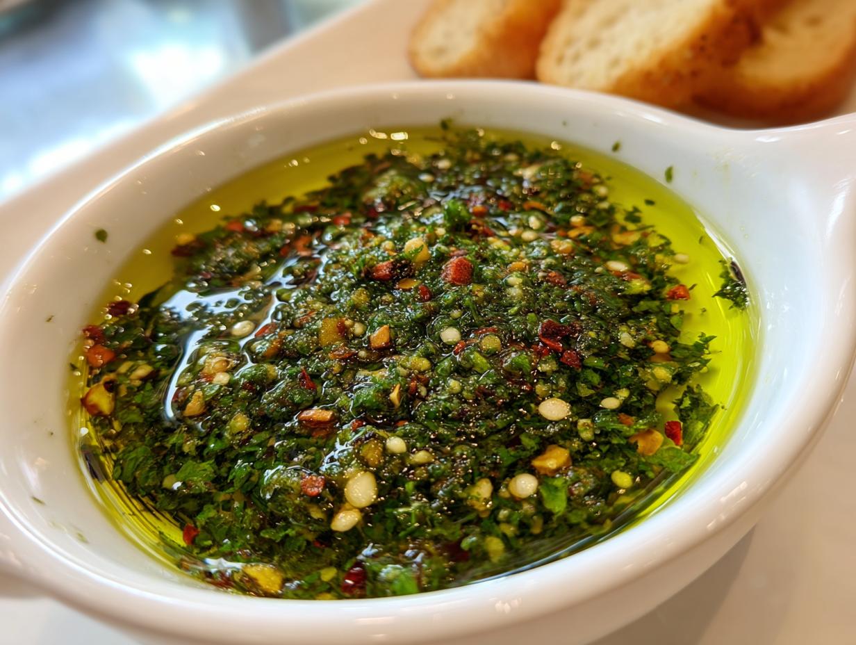 Close-up of a white bowl filled with vibrant green olive oil bread dip, featuring herbs, spices, and chili flakes.