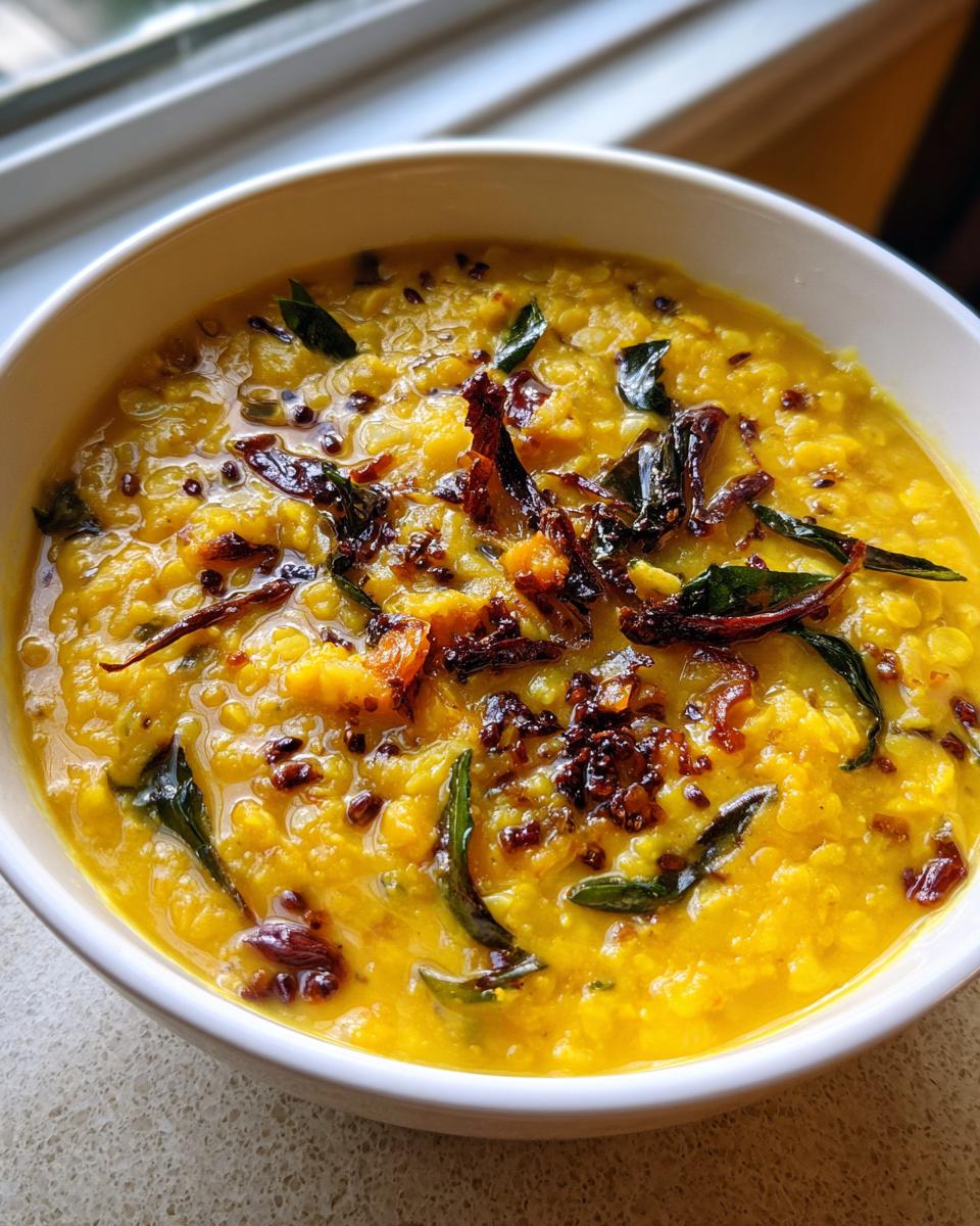 A close-up view of a creamy, bright yellow dhal topped with a tempering of fried curry leaves and spices.