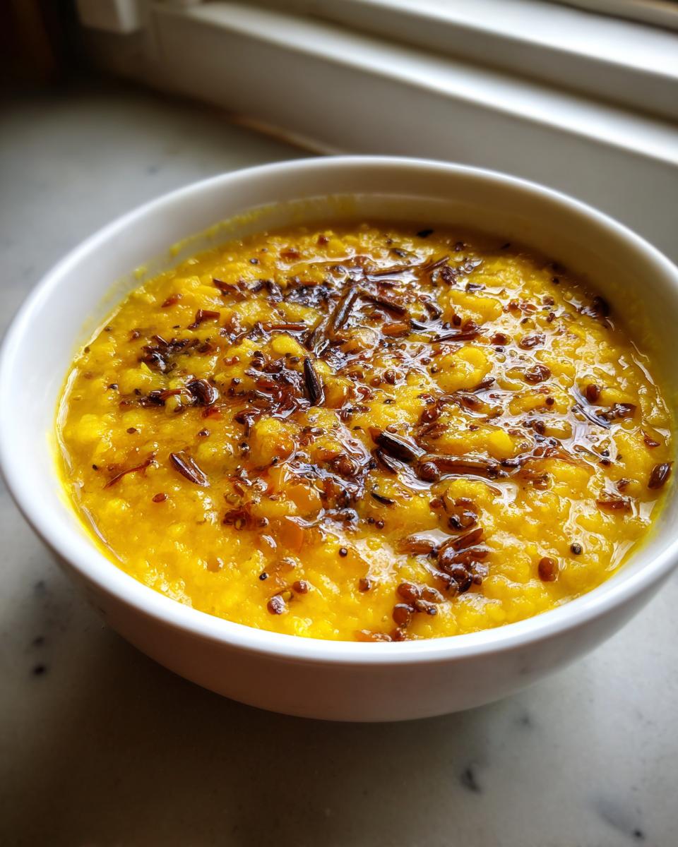 A close-up of bright yellow dhal topped with a sizzling tempering of spices and oil in a white bowl.