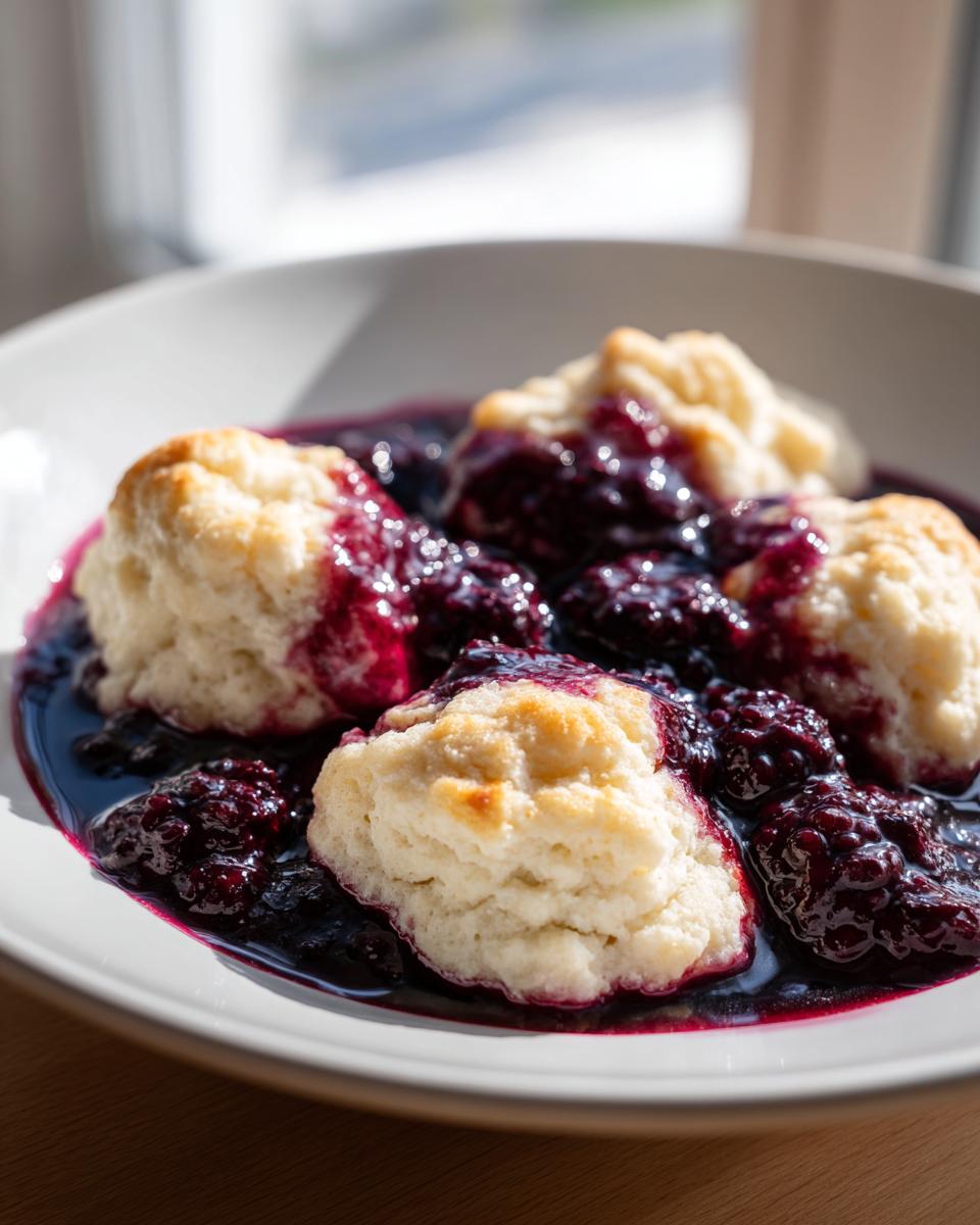Close-up of four fluffy, golden-topped Blackberry Dumplings swimming in a rich, dark blackberry sauce in a white bowl.