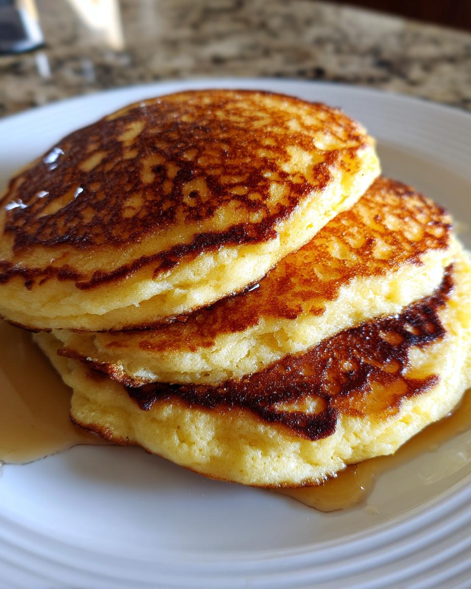 Close-up of a stack of three golden-brown, fluffy muffin mix pancakes drizzled with syrup on a white plate.