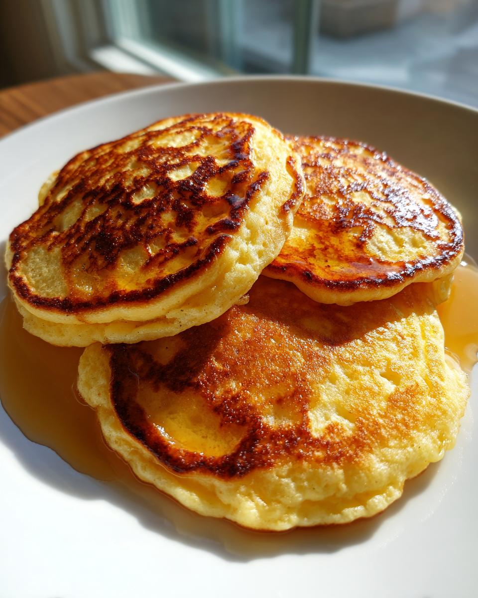 Close-up of three golden-brown muffin mix pancakes stacked on a white plate, drizzled with syrup.