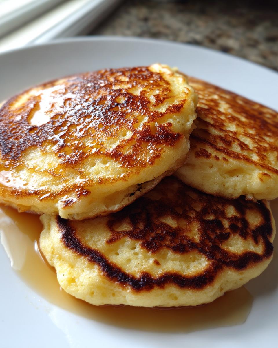 Close-up of three fluffy muffin mix pancakes stacked on a white plate, drizzled with golden syrup.