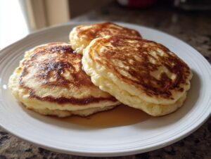 Three fluffy muffin mix pancakes stacked on a white plate, drizzled with syrup.