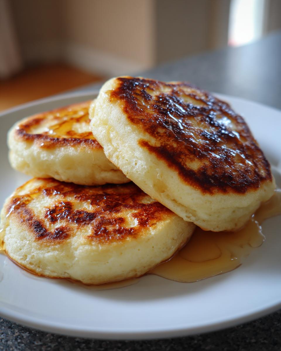 Three fluffy muffin mix pancakes stacked on a white plate, drizzled generously with golden syrup.
