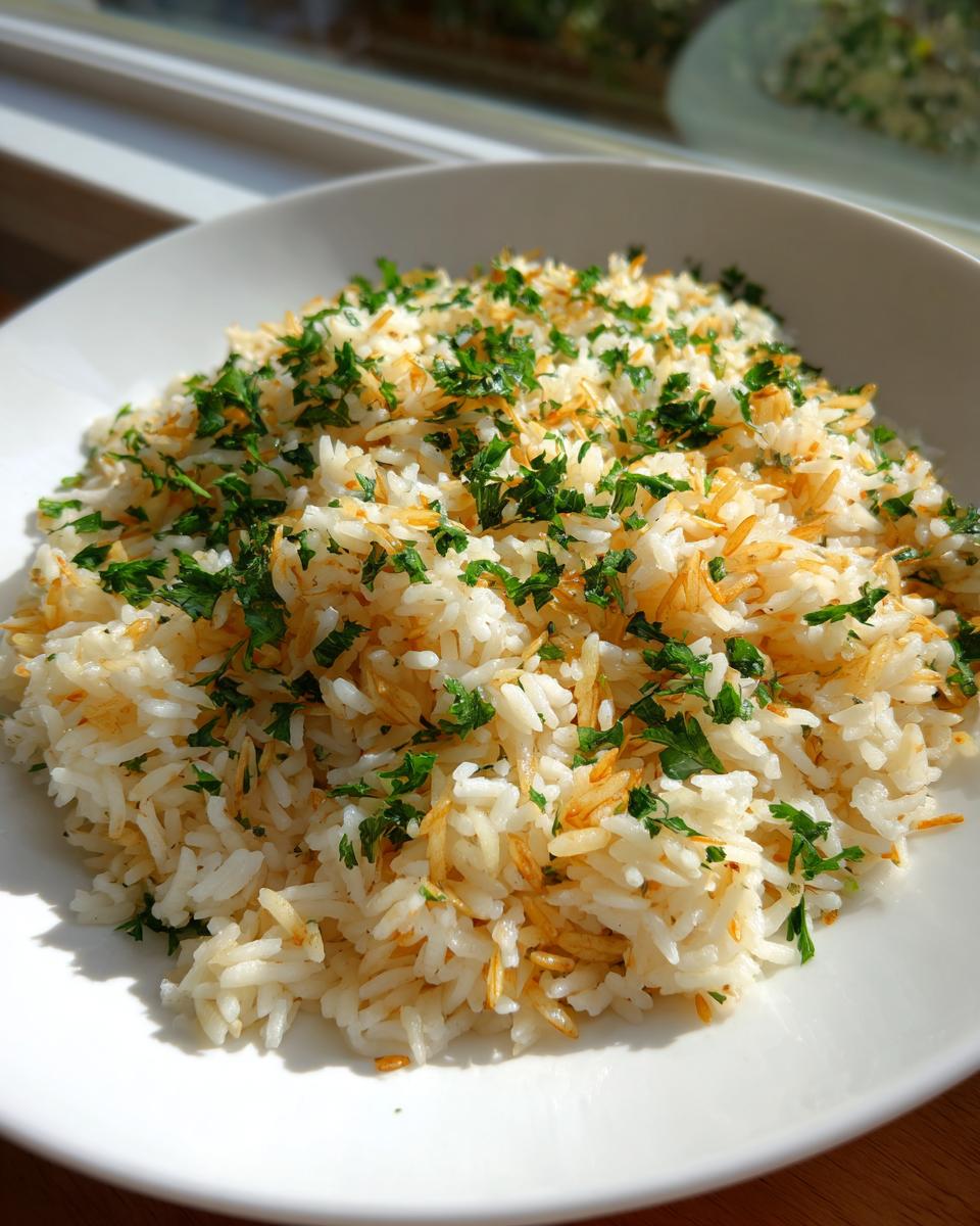 A close-up of fluffy rice pilaf mixed with toasted vermicelli and topped generously with fresh chopped parsley.