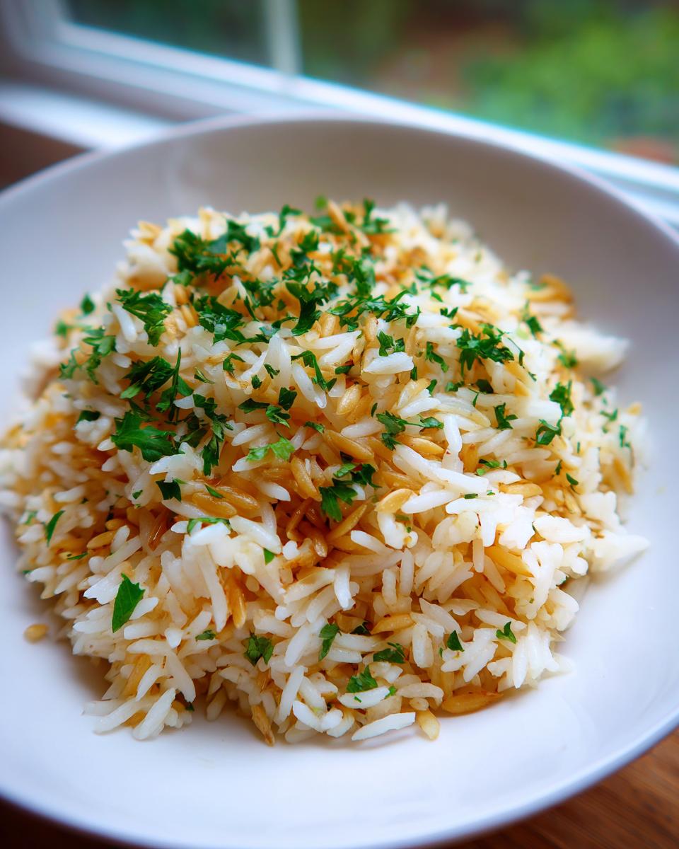 Close-up of fluffy rice pilaf mixed with toasted orzo pasta and topped with fresh chopped parsley.