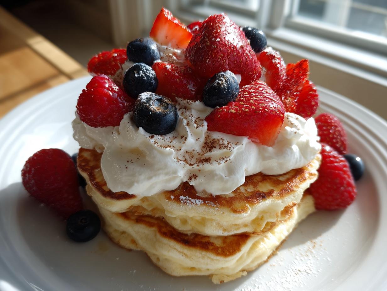 Stack of fluffy tres leches pancakes topped with whipped cream, fresh strawberries, blueberries, and a dusting of cinnamon.