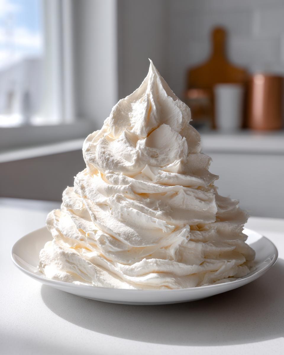 A tall, peaked mound of fluffy white vanilla buttercream frosting piled high on a white plate.