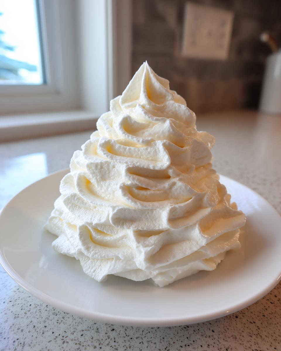 A tall, perfectly piped swirl of fluffy vanilla buttercream frosting sitting on a white plate.