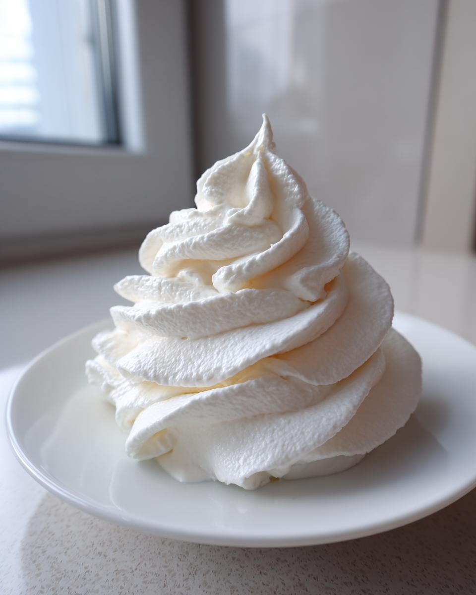 A perfect, tall swirl of fluffy vanilla buttercream frosting piped onto a small white plate.