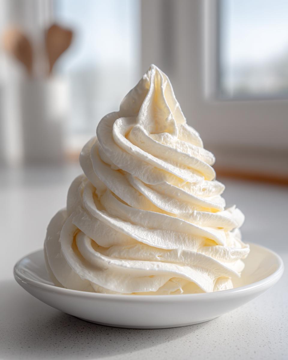 A tall, perfectly piped swirl of fluffy vanilla buttercream frosting sitting in a small white dish.