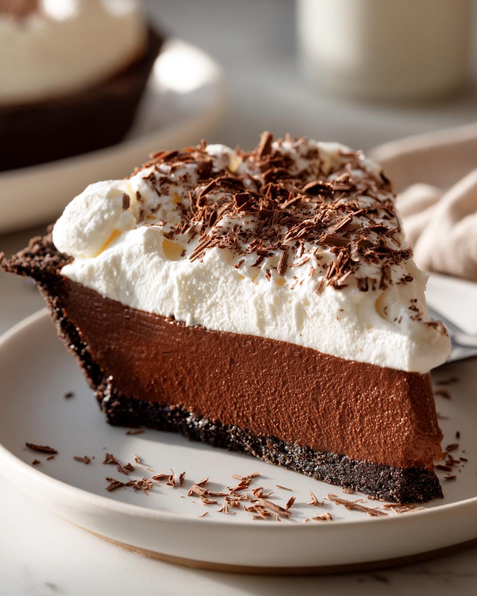 A decadent slice of french silk pie featuring a dark chocolate crust, rich chocolate filling, and topped with whipped cream and chocolate shavings.