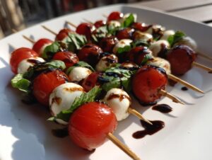 Several delicious caprese skewers featuring cherry tomatoes, mozzarella balls, and basil, drizzled with balsamic glaze.