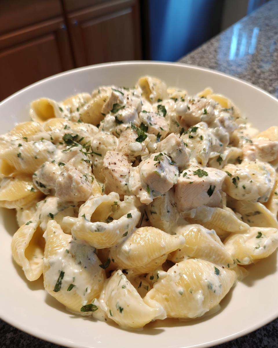 A close-up of creamy garlic butter chicken alfredo shells mixed with chunks of seasoned chicken and parsley.
